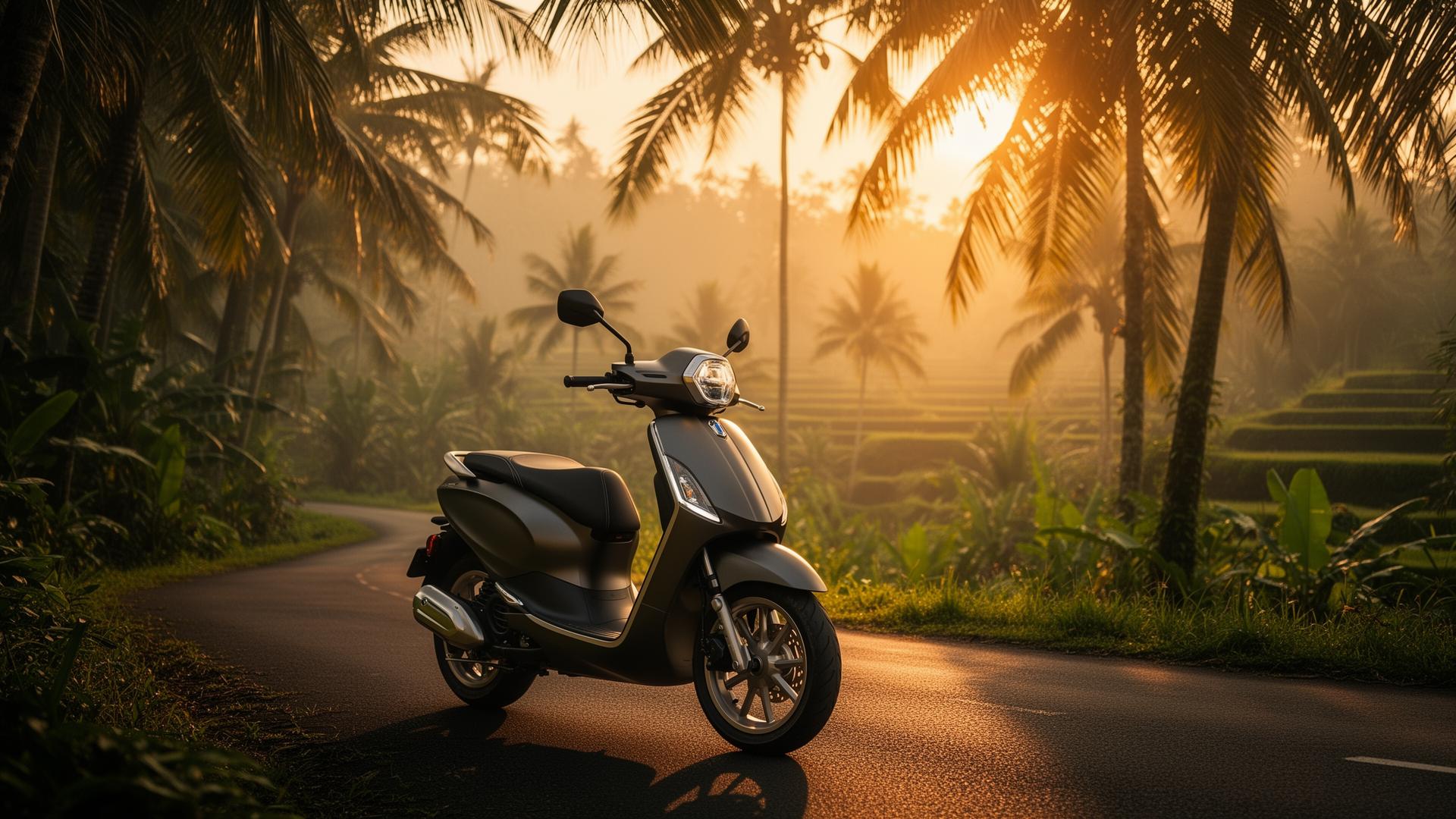 Premium scooter on a quiet jungle road in Bali at golden hour